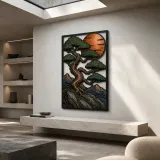 Bonsai Pine on Mountain Cliff at Sunset Colorful Metal Wall Art