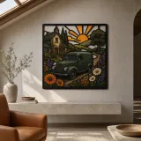 Classic Panel Van outside Flowered Cottage Colorful Metal Wall Art
