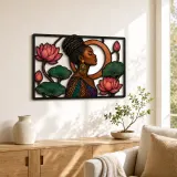 Afro Woman with Lotus Flowers and Copper Circle Colorful Metal Wall Art