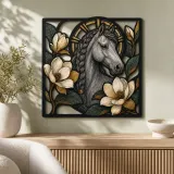 Braided Gray Horse with White Magnolia Flowers Colorful Metal Wall Art