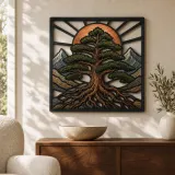 Bergkiefer Lebensbaum mit Strahlender Sonne Farbige Metall-Wandkunst
