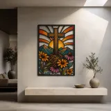 Wooden Cross over Mountains and Wildflowers Colorful Metal Wall Art