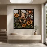 Happy Pig with Daisies and Farmhouse Barn Colorful Metal Wall Art