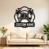 Personalized Firefighter Helmet Metal Wall Art with Crossed Axes