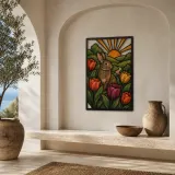 Spring Rabbit among Colorful Tulips at Sunrise Metal Wall Art