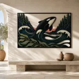 Orca Leaping through Ocean Waves by Pine Forest Colorful Metal Wall Art
