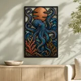 Blue Octopus with Coral and Copper Moon Colorful Metal Wall Art