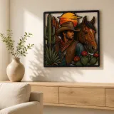 Cowboy with Bay Horse Cactus and Wildflowers Colorful Metal Wall Art