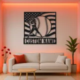 Personalized Softball Player and American Flag Metal Wall Art
