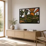 Golfer Teeing Off on Rolling Green Course Colorful Metal Wall Art