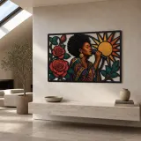 Afro Soul Singer with Roses and Radiant Sun Colorful Metal Wall Art