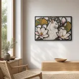 White Longhair Cat with Magnolia Flowers Colorful Metal Wall Art