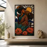 Black Cowgirl with Bison and Protea Flowers Colorful Metal Wall Art