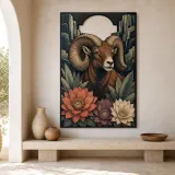 Bighorn Ram with Succulents and Mountain Cliffs Colorful Metal Wall Art