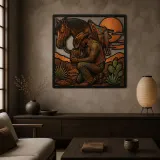 Praying Cowboy beside Saddled Horse at Sunset Colorful Metal Wall Art