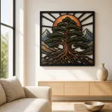 Mountain Pine Tree of Life with Radiant Sun Colorful Metal Wall Art