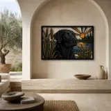 Black Labrador by Lake Cattails at Sunrise Colorful Metal Wall Art