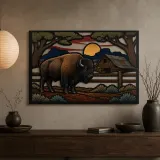 Bison beside Rustic Ranch Barn at Sunset Colorful Metal Wall Art