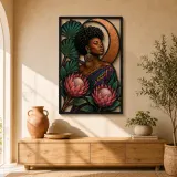 Colorful Afro Woman Metal Wall Art with Protea Flowers and Crescent Moon