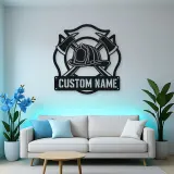 Personalized Firefighter Helmet Metal Wall Art with Crossed Axes