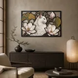 White Longhair Cat with Magnolia Flowers Colorful Metal Wall Art