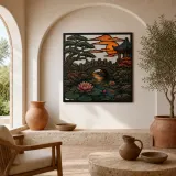 Japanese Garden Bridge with Pine and Sunset Colorful Metal Wall Art