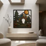 Mid Century Mountain Forest with Full Moon Colorful Metal Wall Art