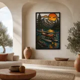 Vintage Seaplane on Mountain Lake at Sunset Colorful Metal Wall Art
