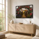 Rose Garden Gate Leading to Country Cottage Colorful Metal Wall Art
