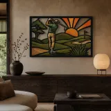 Golfer Teeing Off on Rolling Green Course Colorful Metal Wall Art