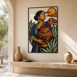Southwestern Woman Holding Decorative Pottery Colorful Metal Wall Art