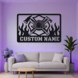 Personalized Firefighter Helmet Metal Wall Art with Flames
