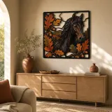 Black Horse with Autumn Oak Leaves Colorful Metal Wall Art