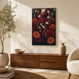 Bunte Metall-Wandkunst mit rotem Oktopus, Korallen und botanischen Blumen