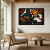 Blues Guitarist Performing beneath Radiant Sun Colorful Metal Wall Art