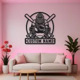 Personalized Baseball Catcher Crossed Bats Metal Wall Art