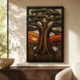 Afrikanischer Baobab Lebensbaum bei Sonnenaufgang - Buntes Metallschild