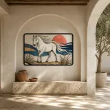 White Horse by Coastal Water at Sunset Colorful Metal Wall Art