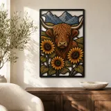 Hochlandrind mit Sonnenblumen und Berglandschaft - Buntes Metallschild