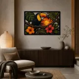 Toucan with Tropical Hibiscus at Sunset Colorful Metal Wall Art