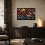 Red Maple Branch over Lotus Stream and Full Moon Colorful Metal Wall Art