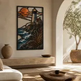 Coastal Lighthouse Cottage above Ocean Waves Colorful Metal Wall Art