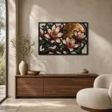 Ramo di Magnolia con Fiori e Luna Piena Insegna in Metallo Colorata