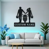 Personalized Helmet Holding Motorcycle Couple Metal Wall Art