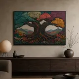 Colorful Ancient Tree of Life in Mountain Meadow Metal Wall Art