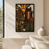 Bay Horse by Rustic Barn at Sunrise Colorful Metal Wall Art