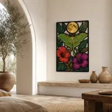 Luna Moth with Hibiscus and Full Moon Colorful Metal Wall Art