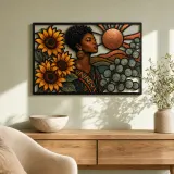 Afro Woman with Sunflowers and Copper Sun Colorful Metal Wall Art