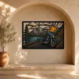Touring Motorcycle beside Mountain Lake at Sunrise Colorful Metal Wall Art