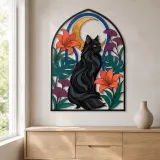 Black Cat with Tropical Flowers and Crescent Moon Colorful Metal Wall Art